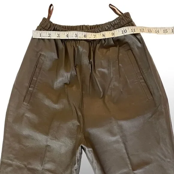 Chocolate Brown Genuine Leather High-Waisted Joggers Size:Small
